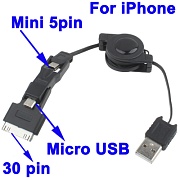 Кабель-рулетка USB - mini USB, micro USB, 30 pin  iPhone / iPad /iPod  - подходит для большинства мобильных устройств, фото и т.д. черный