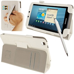 Чехол кожаный с местами для банковских карт, Touch Pen и ремешком для Samsung Galaxy Tab 3 (8.0) / T3110 / T3100 - белый