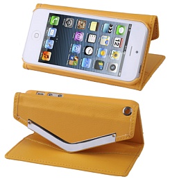 Чехол кожаный сумочка с ремешком и отделением для банковских карт для iPhone 5/5S (оранжевый)